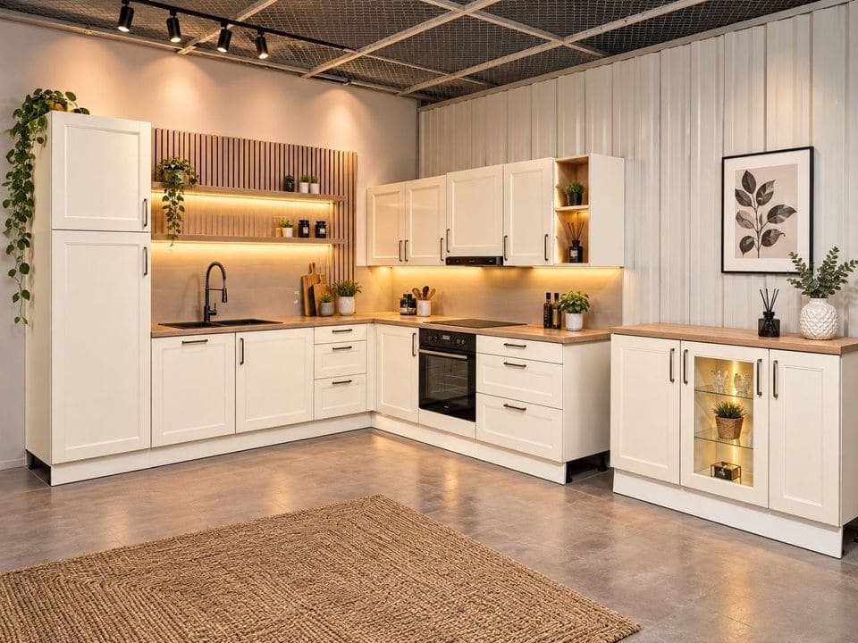 Einbauküche Schüller Echtholz Fronten Beige Matt Küche L-Form
